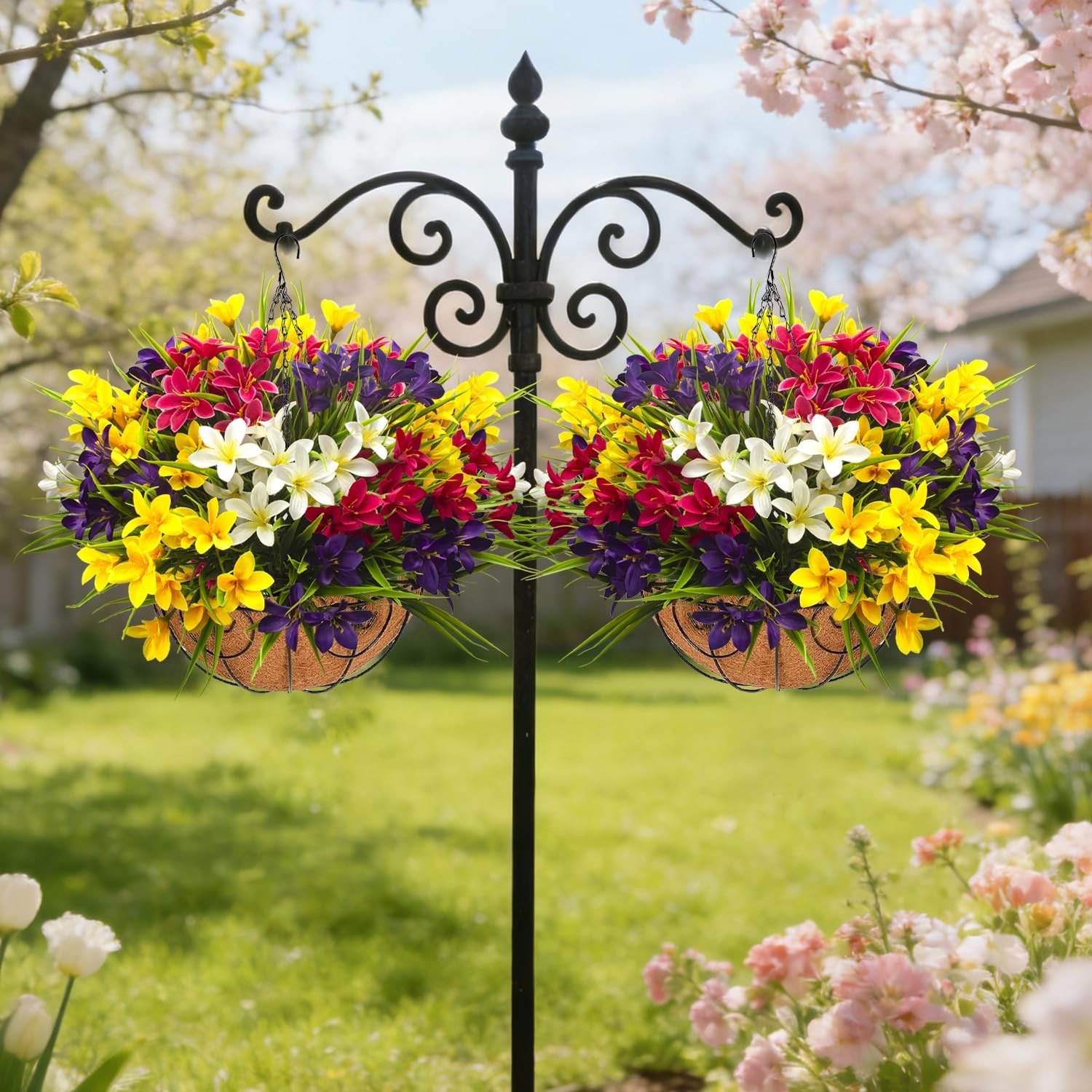 Vibrant UV Resistant Artificial Flowers in Hanging Basket – 12 Colorful Bundles