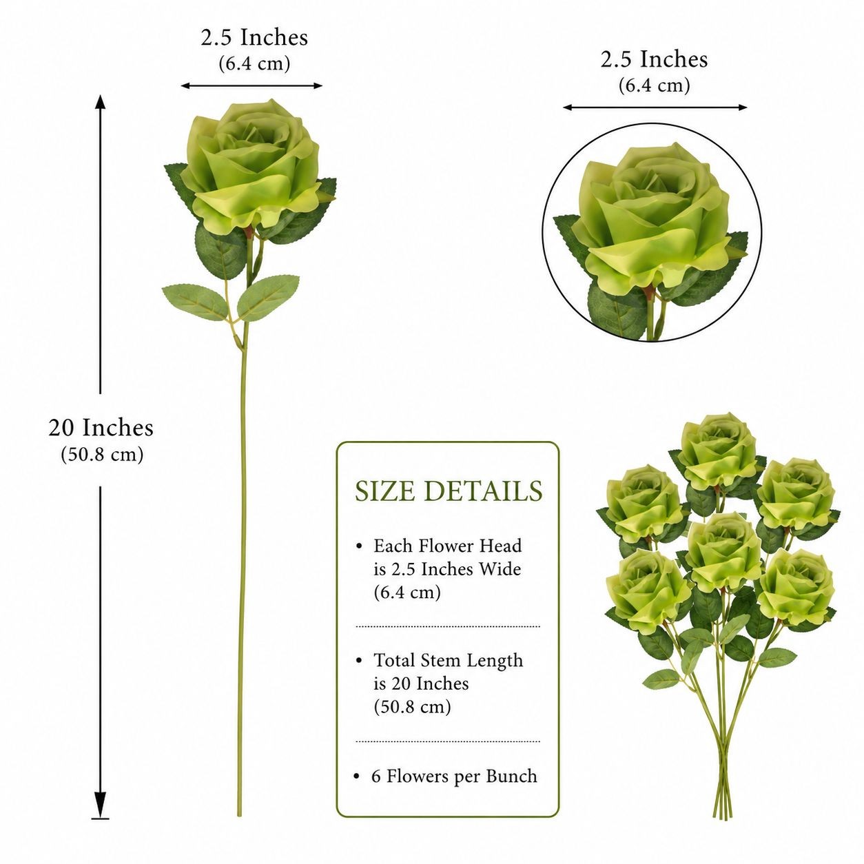 6 Green Rose Stems Faux Roses Lime Green Floral Stems Artificial Roses Farmhouse