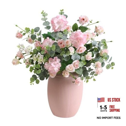 10pcs Faux Silk Rose Artificial Flowers, Bulk Fake Eucalyptus with Pink Rose
