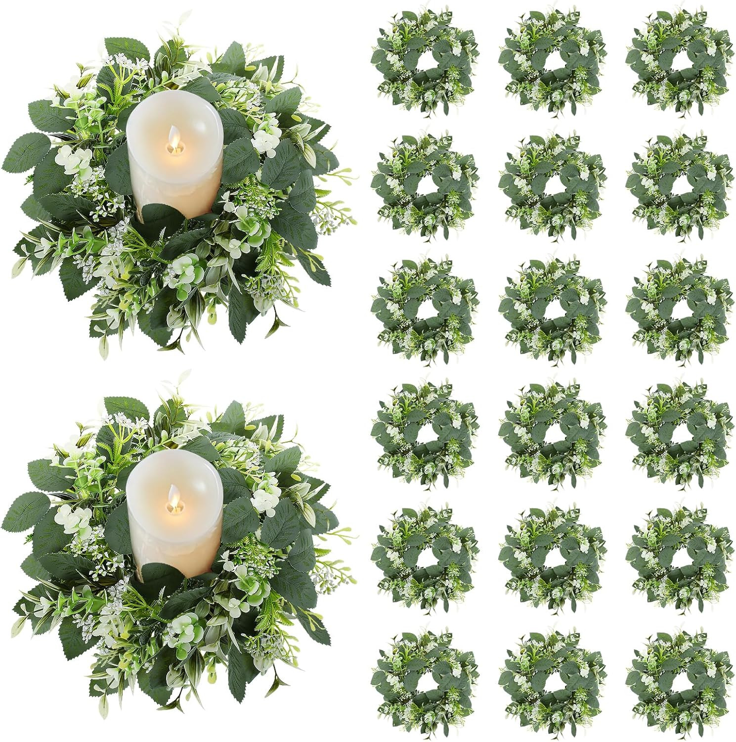 20PCS Eucalyptus Leaves Wreaths & Candle Rings for Home & Wedding Decor