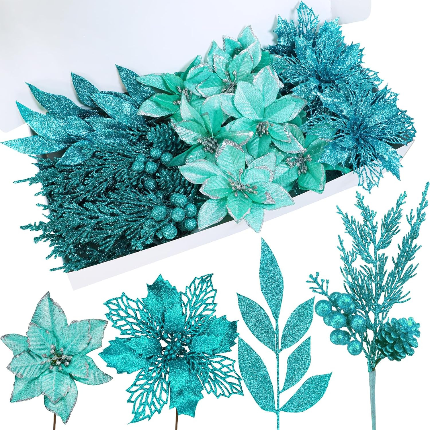 35 Pcs Christmas Artificial Poinsettia Flowers Picks Artificial Leaves Sprays