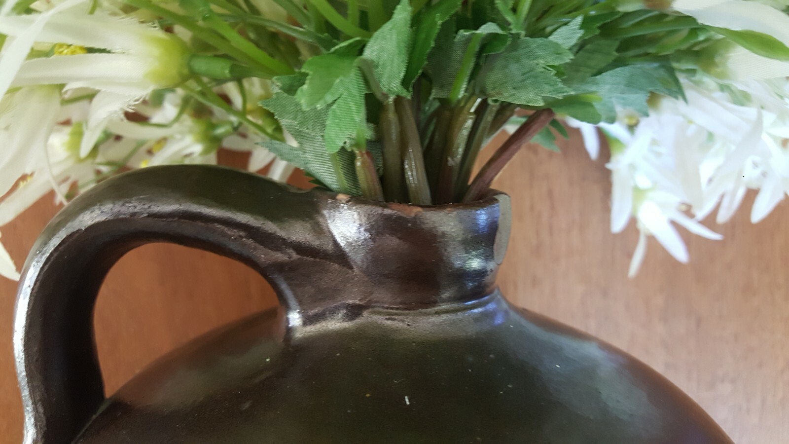 Antique Salt Glazed Stoneware Handled Whiskey Jug White Floral Stem Decor