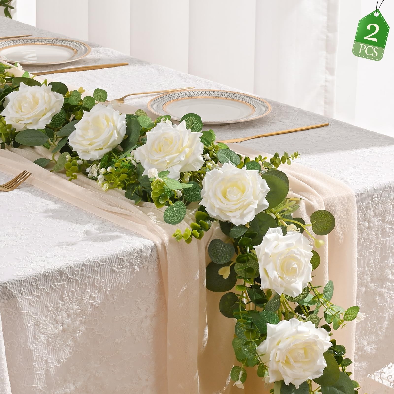 2Pcs 13 FT Artificial Flower Garlands Real Touch Fake Floral Silk White Rose …
