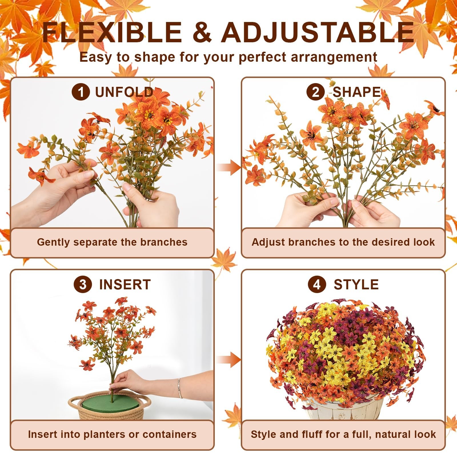 12 Bundles UV Resistant Artificial Mums Flowers – Fall Faux Daisy & Eucalyptus f