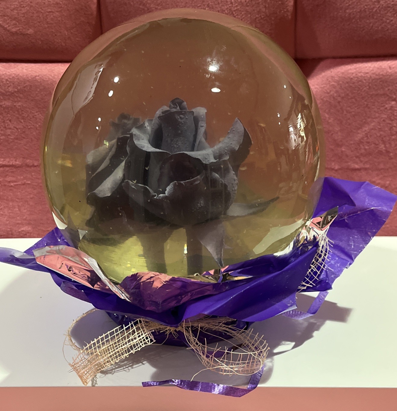 Vtg. Purple Eternal Rose Real Preserved Rose Ball In Water Dome/Globe; Lg 6”-7”