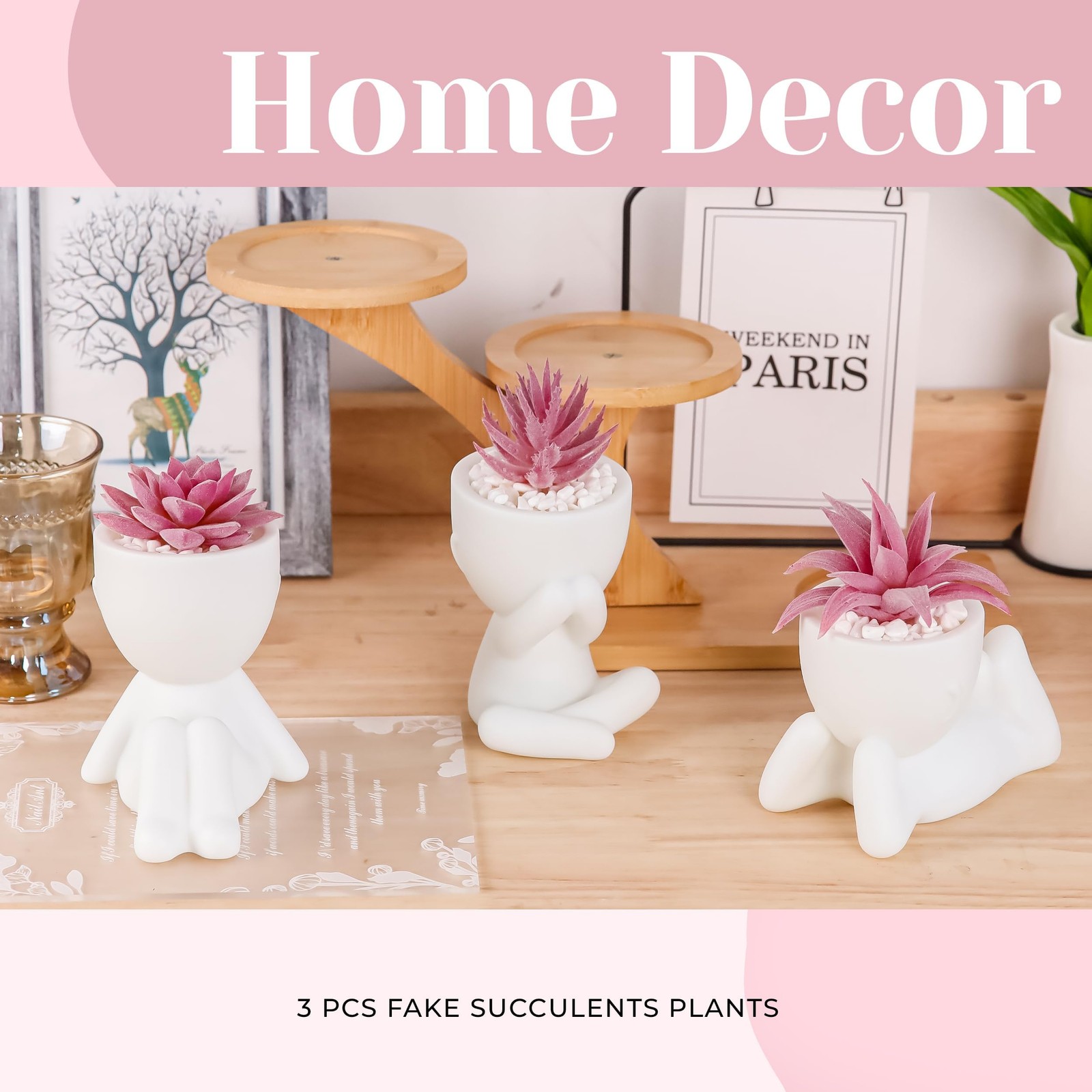 Der Rose 3 Pcs Fake Succulents Plants Artificial Pink Room Office Desk Decor…