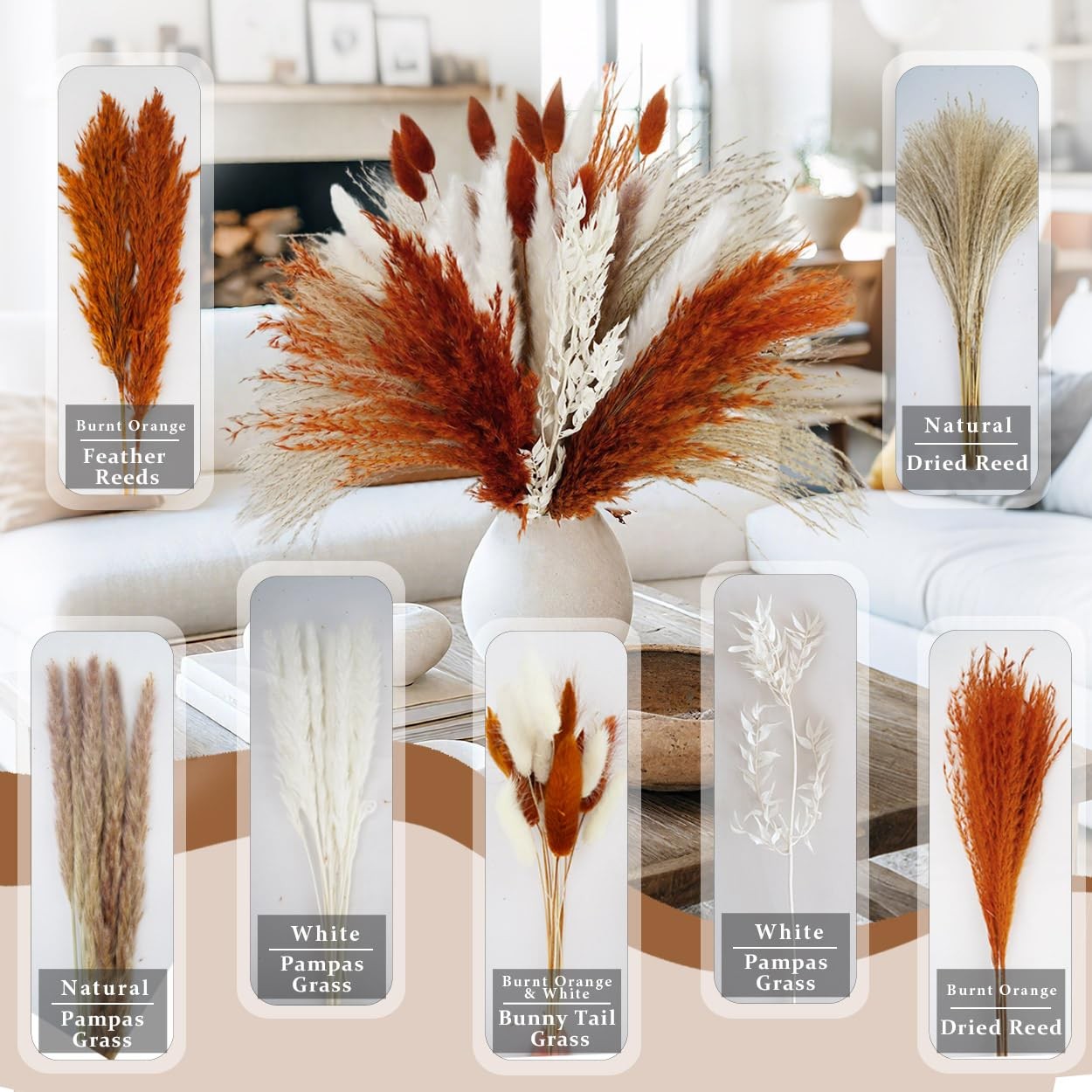 Pampas Grass Dried Flowers for Vase, Burnt Orange Pampas Grass Boho Home Deco…