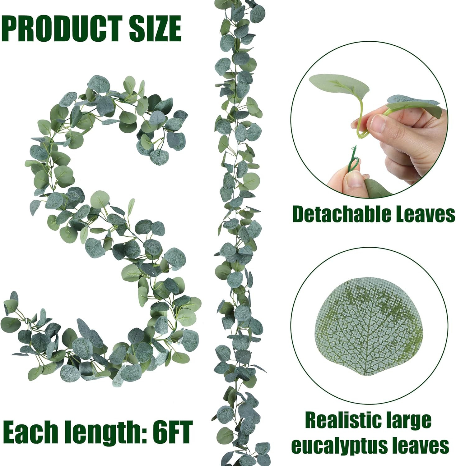 6 Pack Artificial Eucalyptus Garland Greenery Leaves Handmade 3D Silk Vines Silv