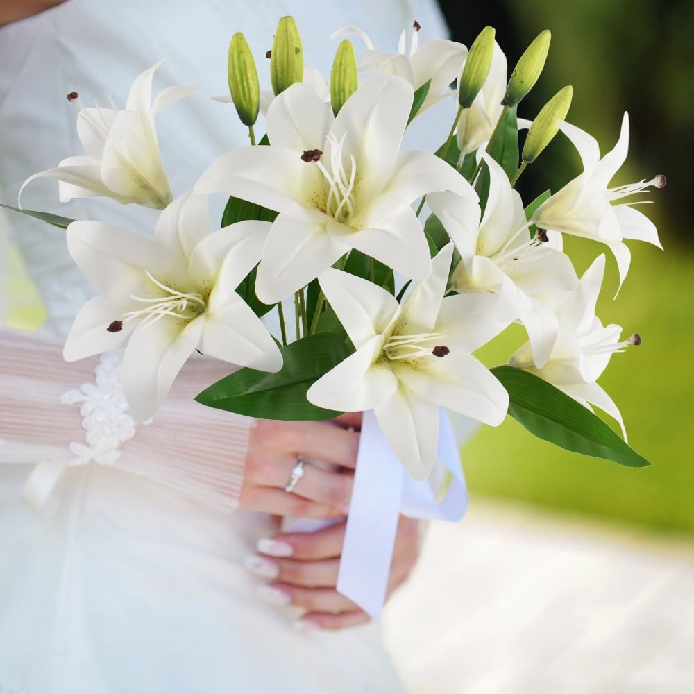 6pcs Artificial Lily Flowers 25.6″ Fake Tiger Lily Flower White Real Touch Br…