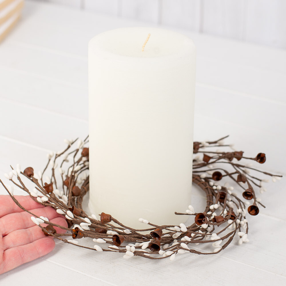 Group of 4 White Pip Berry and Primitive Rusty Liberty Bell 9″ Candle Rings