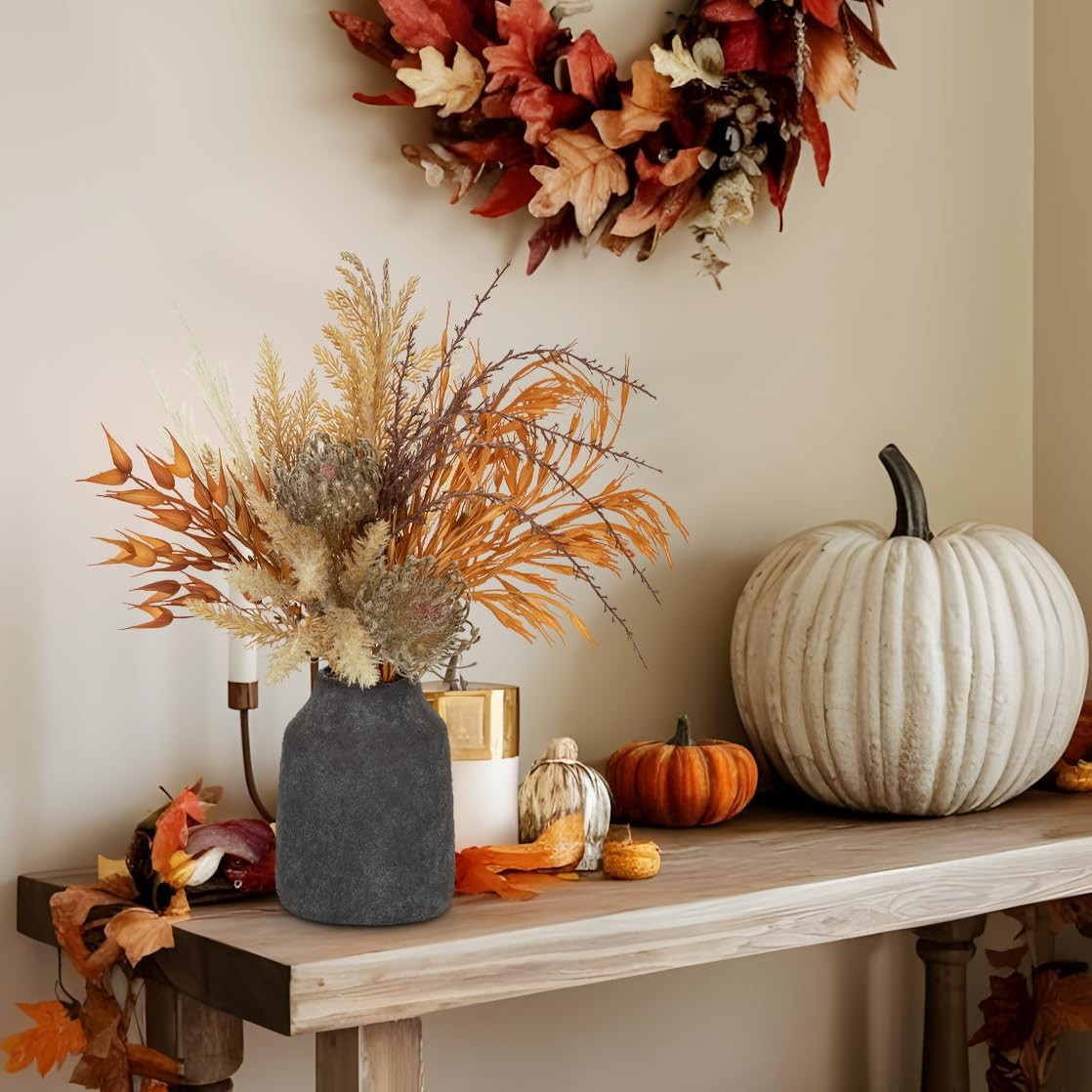 Boho Faux Pampas Grass Bouquet in Ceramic Vase – Fall Home Decor