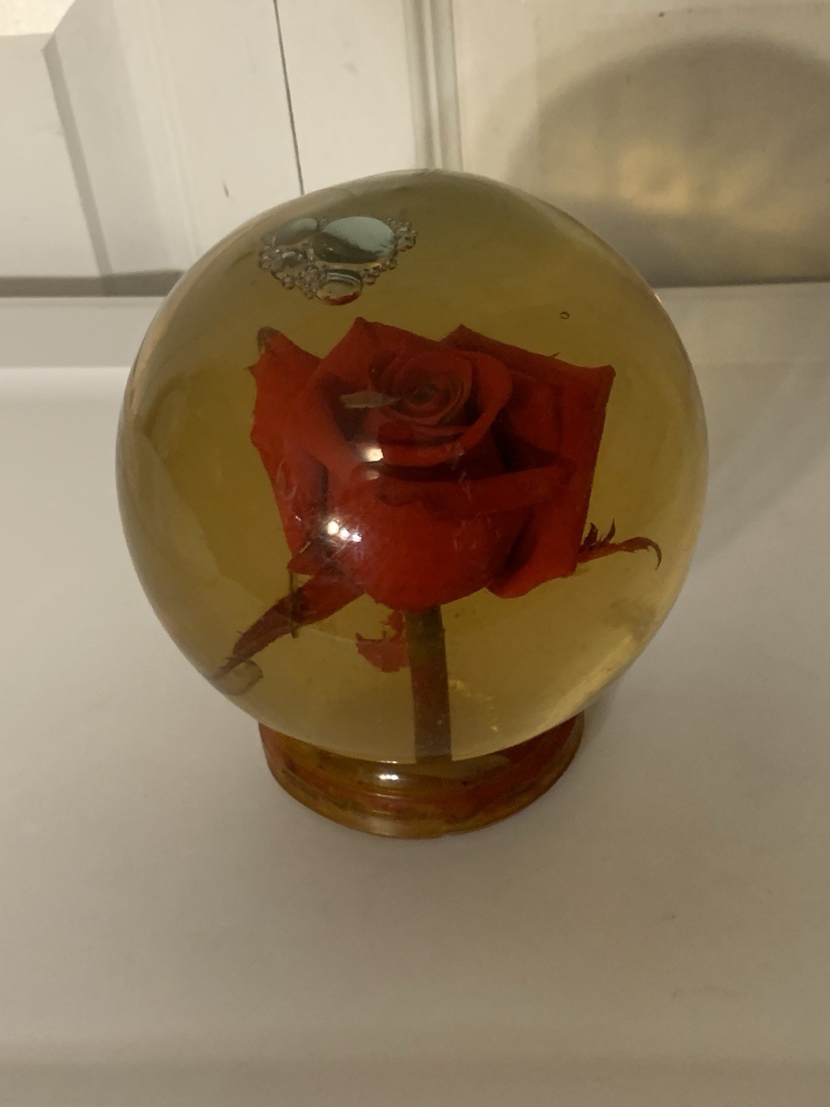 Vtg Forever Red ROSE In Glass Ball Water Dome Globe Large Real Rose 6×6 in.