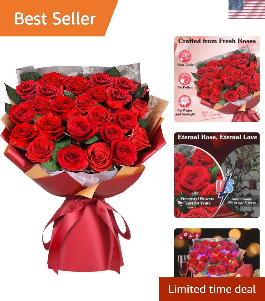 24 Preserved Red Roses Bouquet – Real Roses That Last 3+ , Romantic Anniversa…