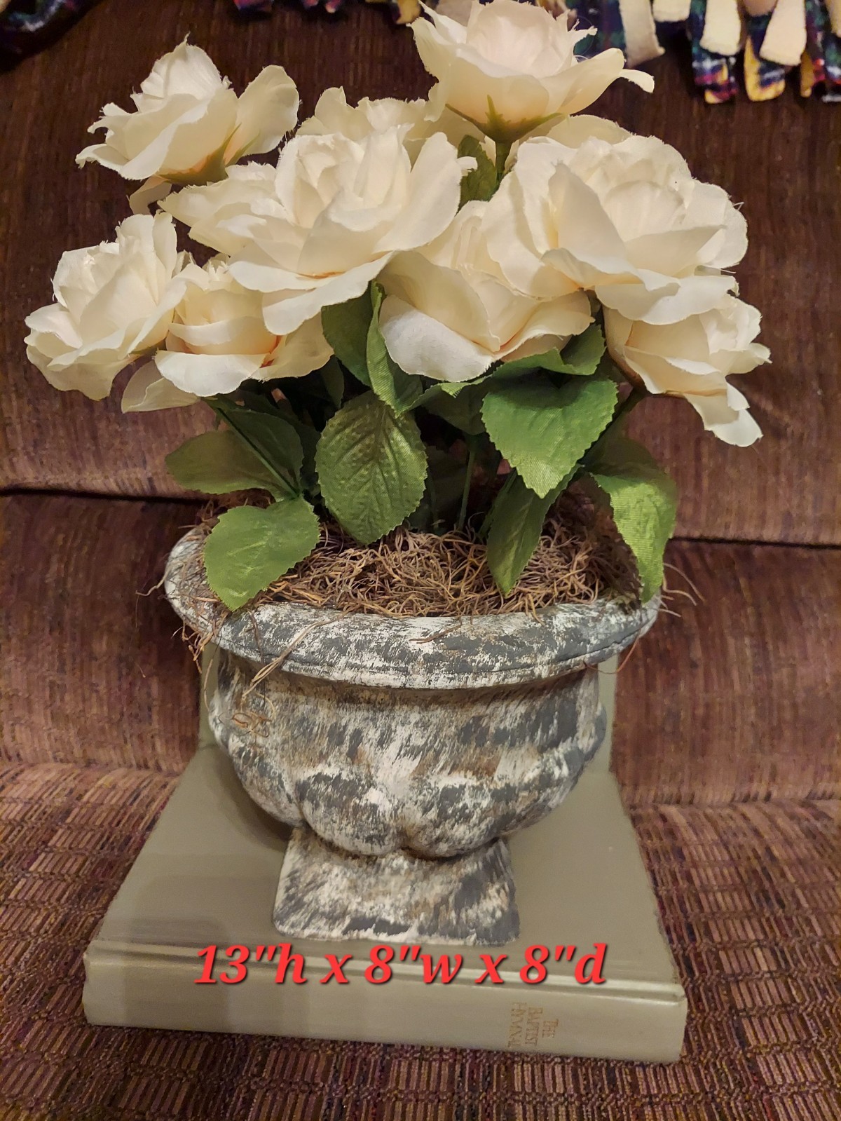 Handmade cream rose Urn with faux flowers floral arrangement plants