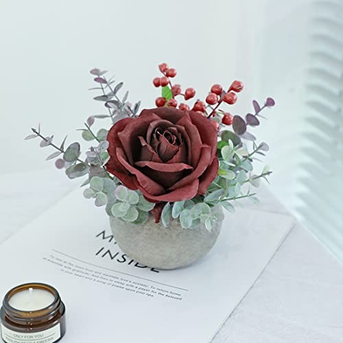Artificial Flowers Kit with Pot, Combination of Fake Silk Red Roses Burgundy