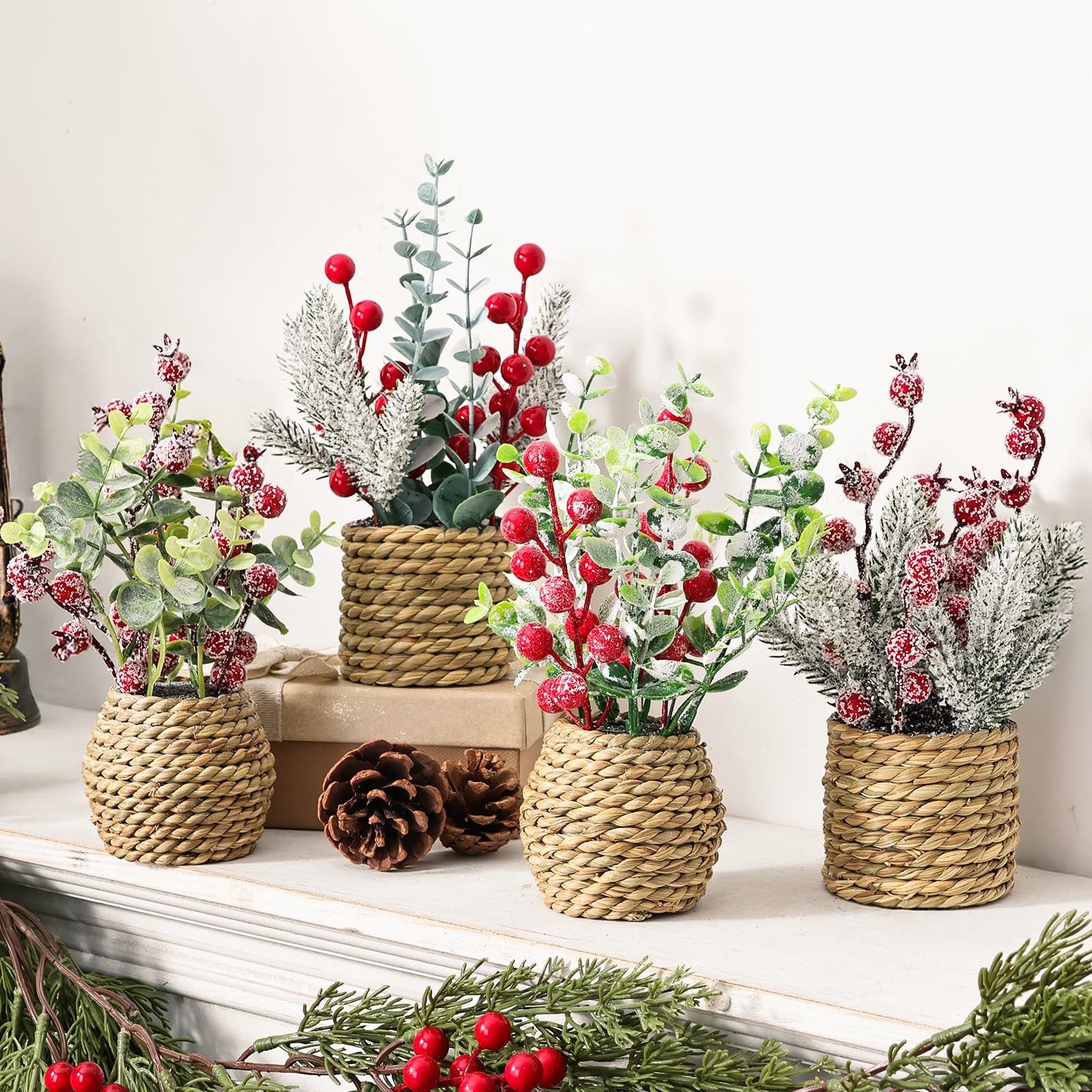 4 Pack Christmas Table Decorations, 9 Small Christmas Tree with Pine Cone Ber…