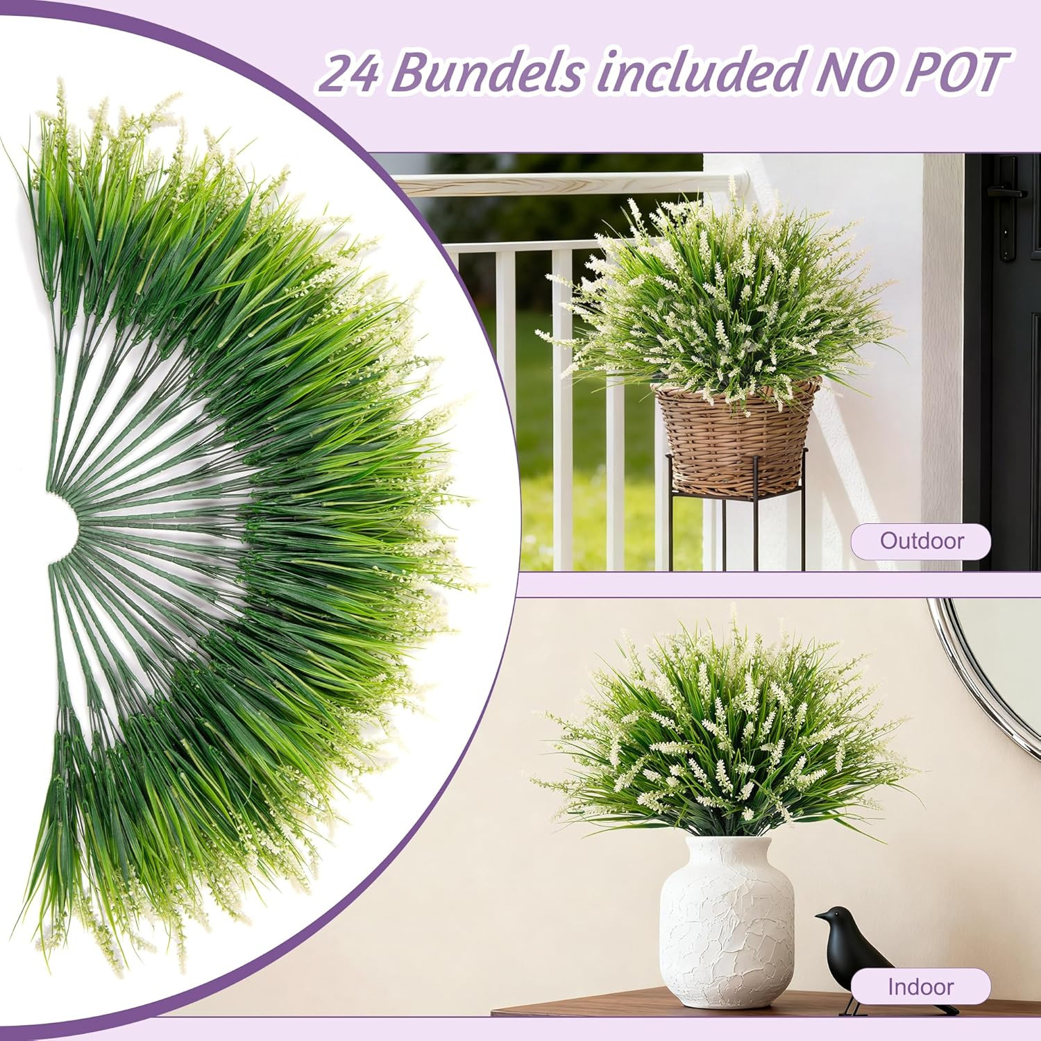 24 Pcs Artificial Faux Plants for Outdoor Spring Decoration, Fake Monkey Grass f