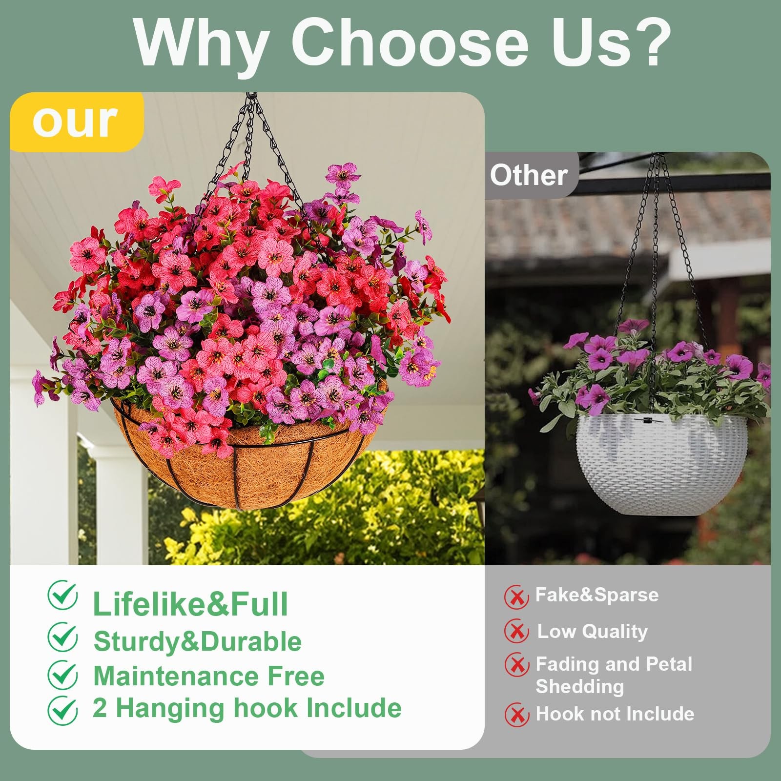 Artificial Outdoors Flowers with Hanging Basket, UV Resistant Fake Hanging Fl…