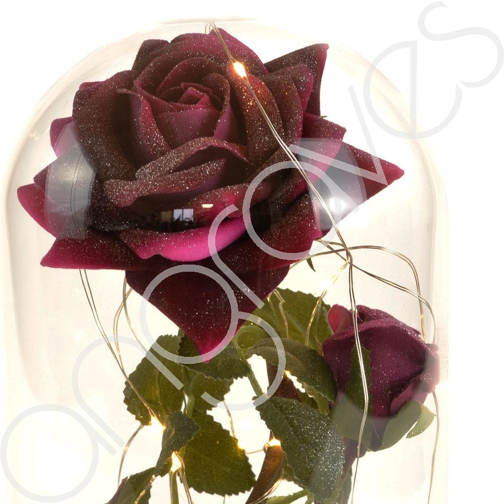 Bella Pink Handmade Enchanted Rose & Rosebud in Glass Dome Bell Jar with LED Lig