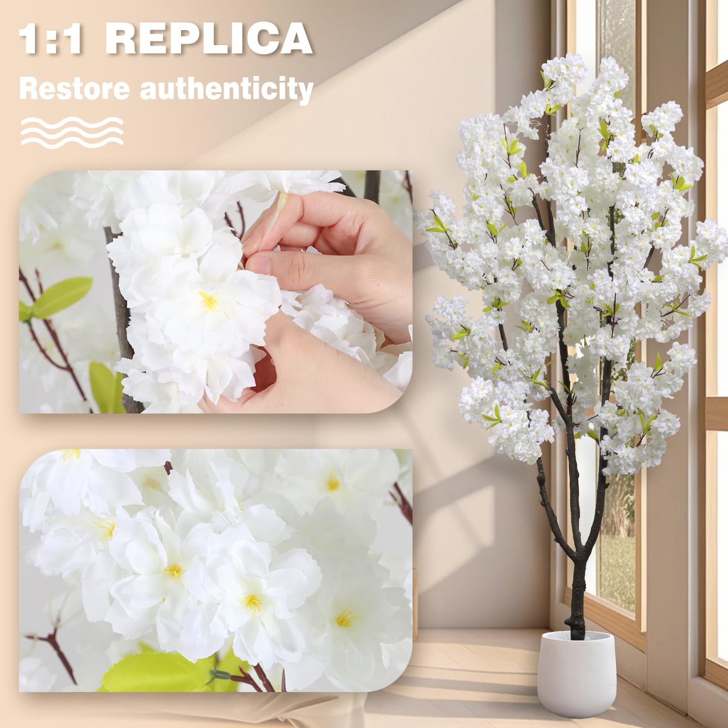 Faux White Cherry Blossom 6ft(72in) Artificial Floor Plant for Indoor Decor N…