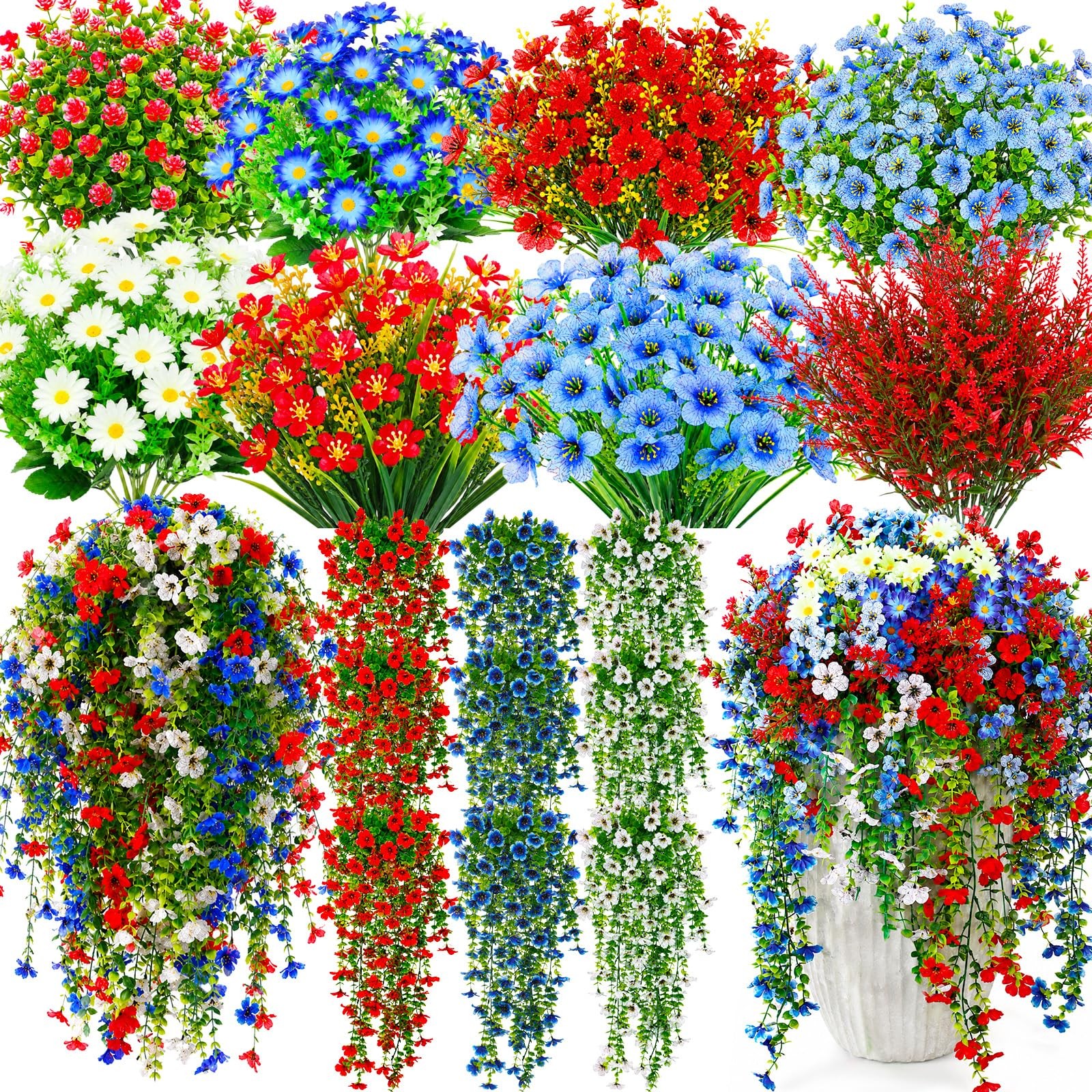30 Pcs Red White and Blue Artificial Flowers for Outdoors, Faux Patriotic Flo…