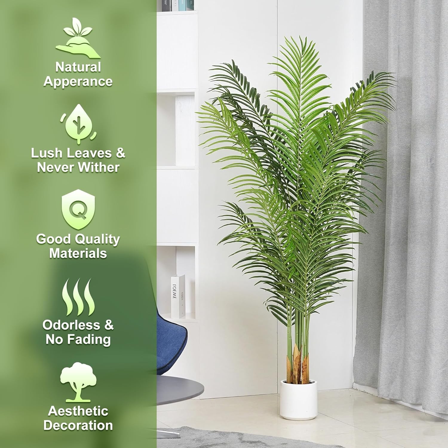 Artificial Palm Tree 6Ft Faux Silk Green Realistic Decorative 5ft 11in,