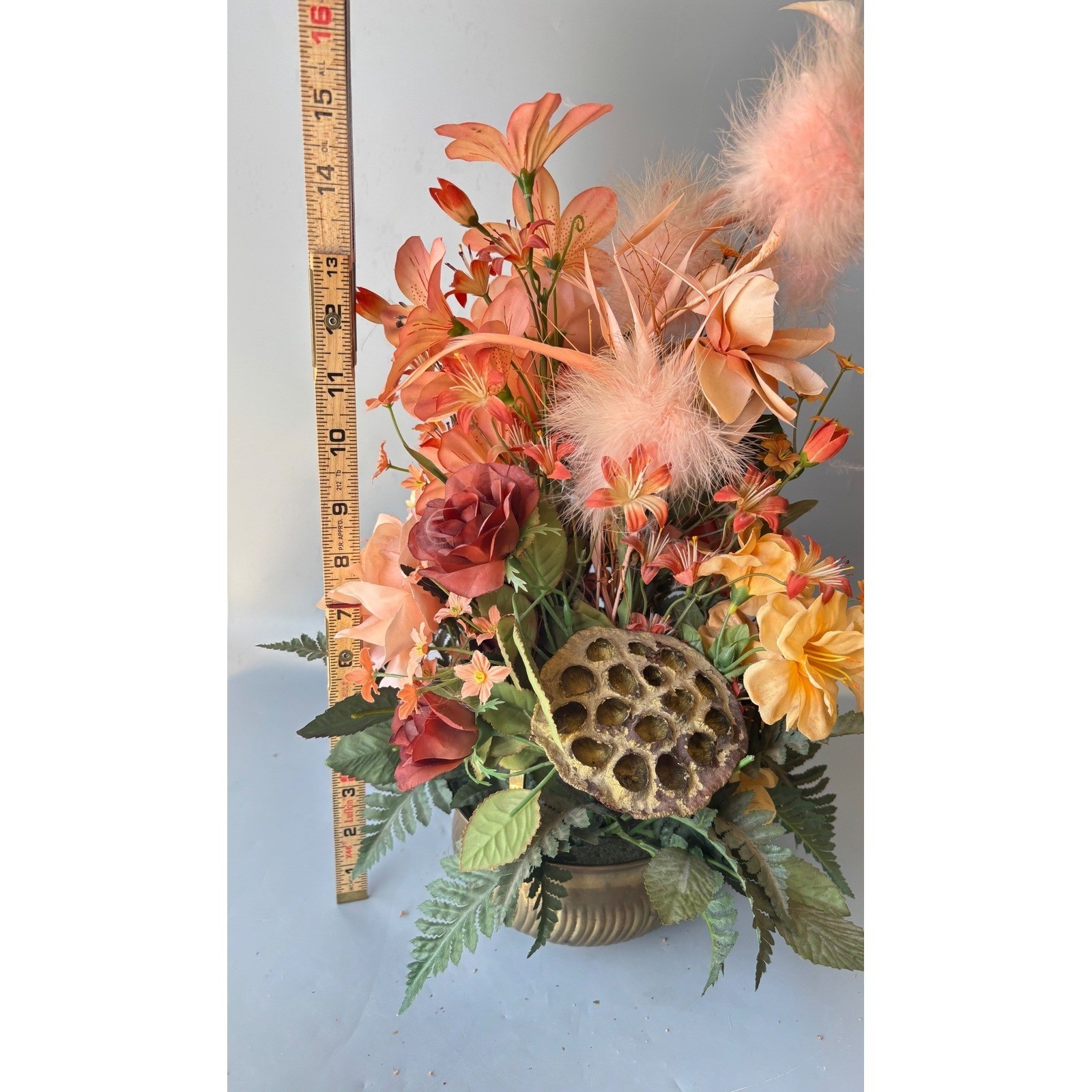 Vtg Silk Floral Arrangement Peach Feathers Roses Brass Bowl Made in India 15″