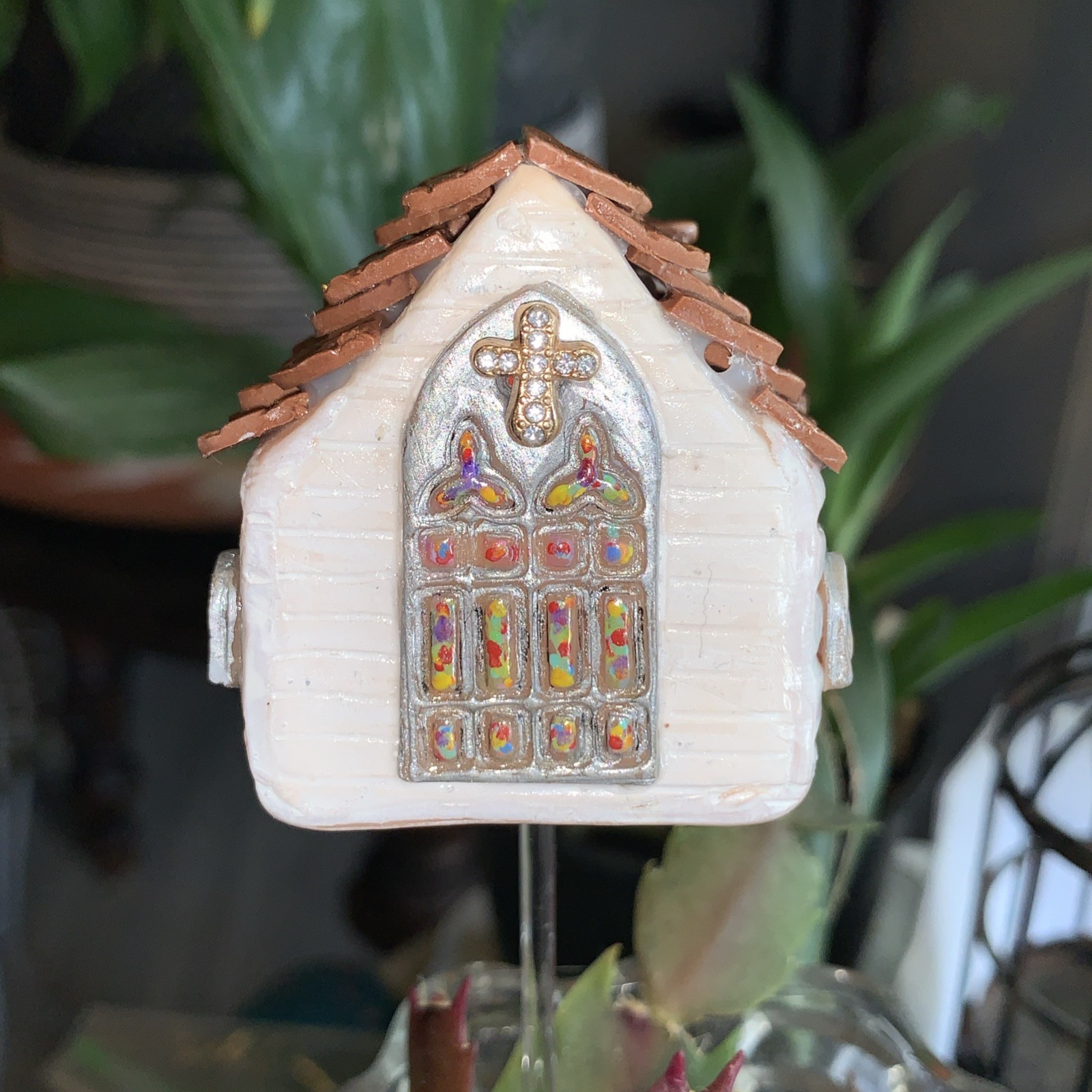 Handmade One Of A Kind Polymer Clay Church With Stained Glass Window Plant Stick