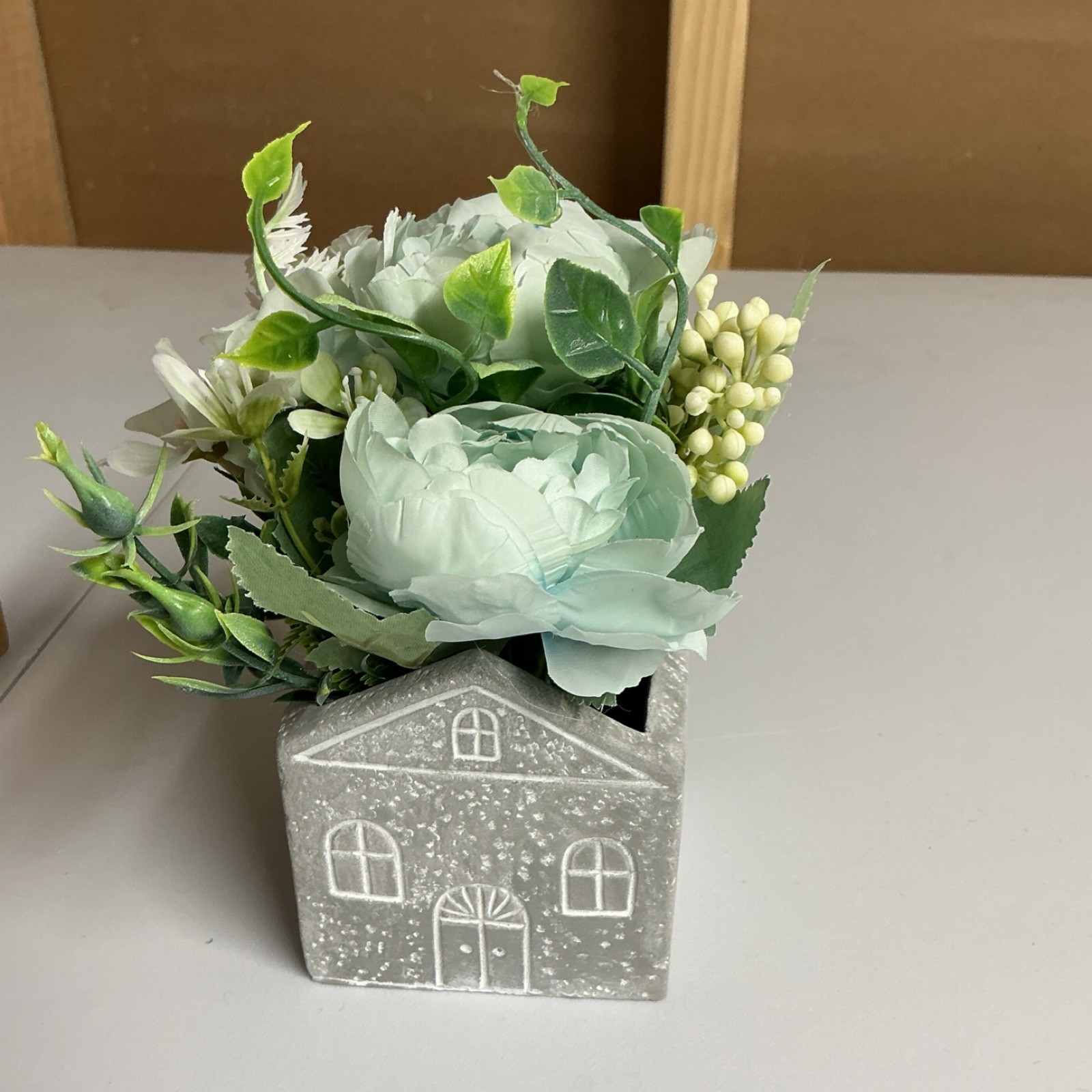 Artificial Floral Arrangement in Gray House Planter Pot with Greenery Plastic