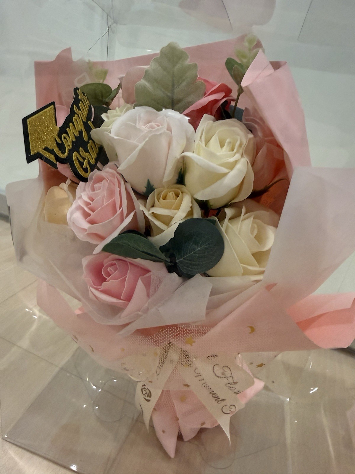 Graduation Forever Flower Bouquet Soap Rose Gift Handmade Pink White