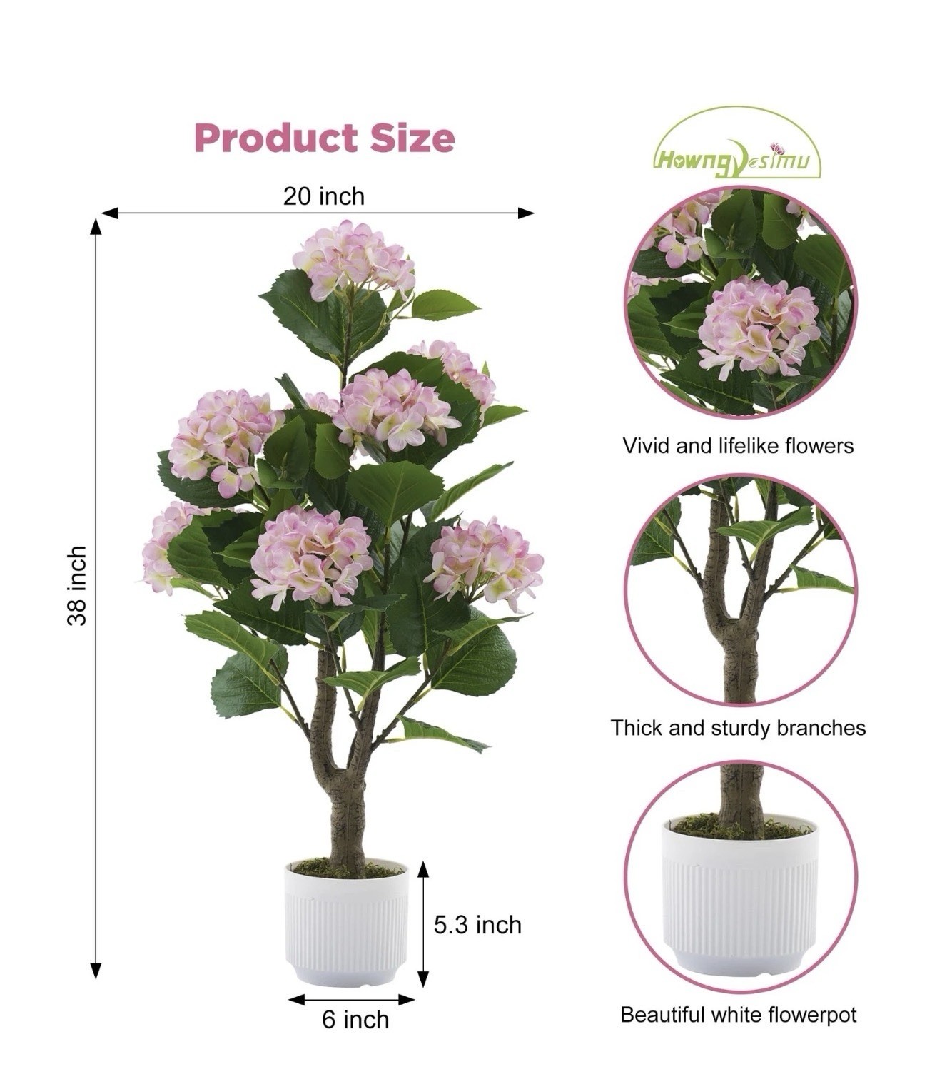 Artificial Hydrangea Tree 2 Pack, 3FT Faux Hydrangea Plant in Pot with Pink F…