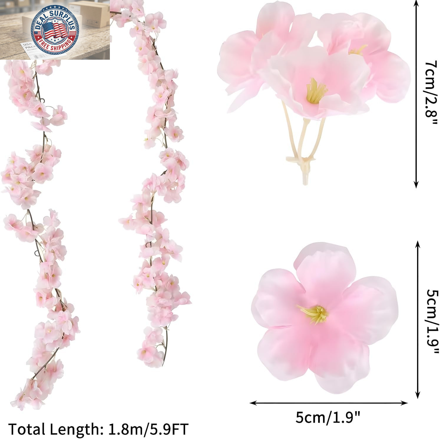 3Pcs 5.91 Ft Artificial Cherry Blossoms Garland Pink Fake Vines Hanging Silk Che