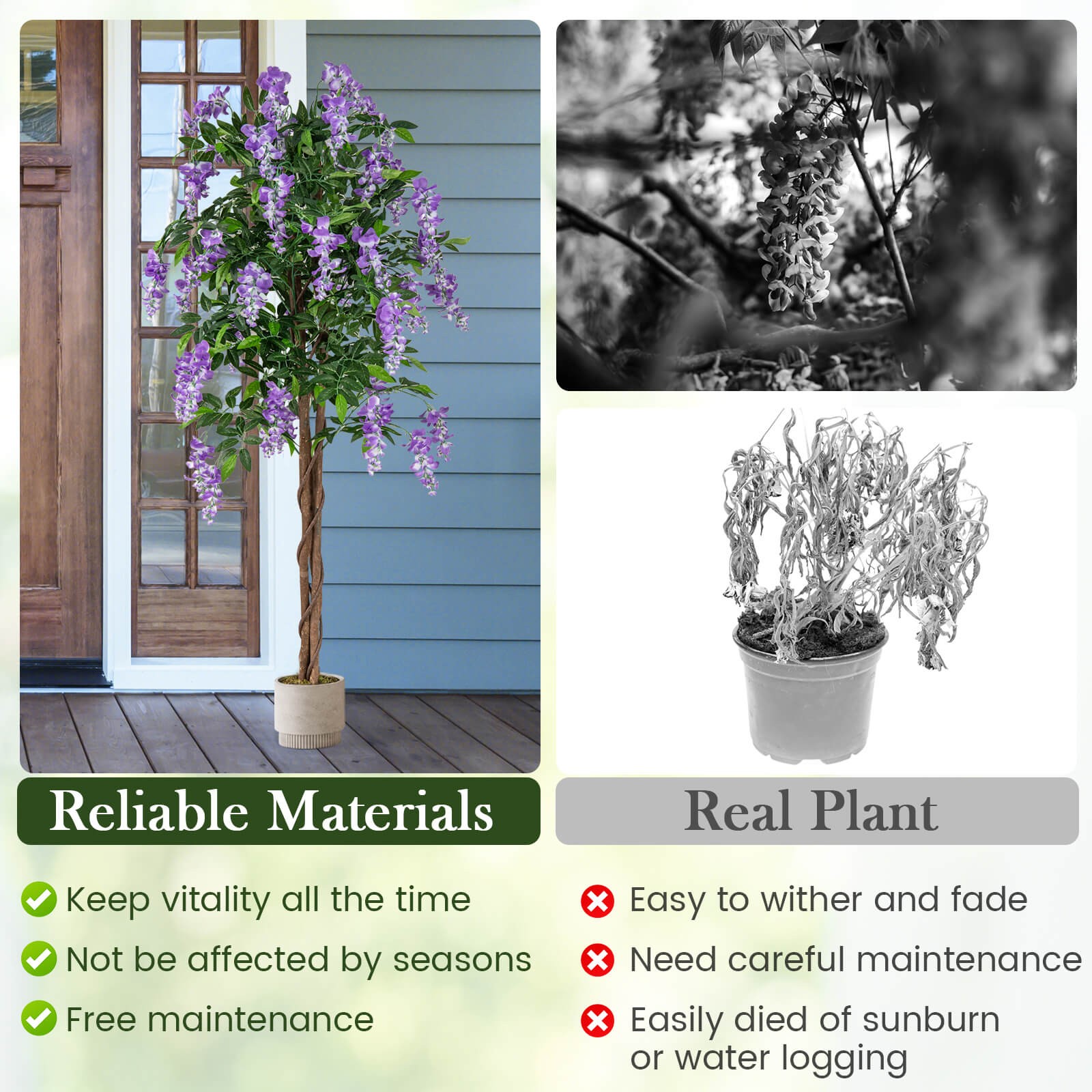 2 PCS 5.5 FT Tall Artificial Ficus Tree Faux Wisteria Plant in Nursery Pot