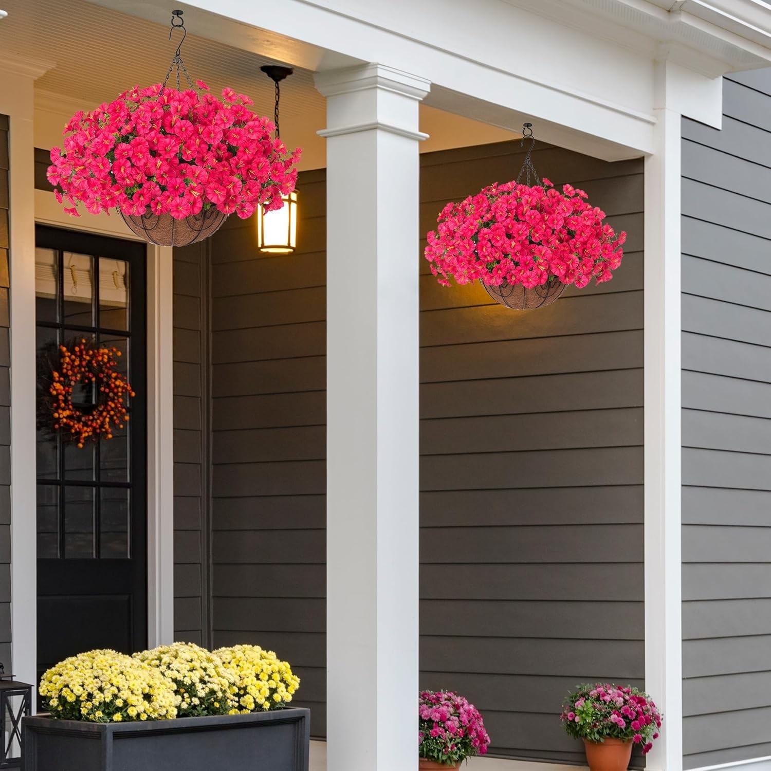 Artificial Faux Hanging Plants Flowers Basket for Outdoor Outside Spring Summer