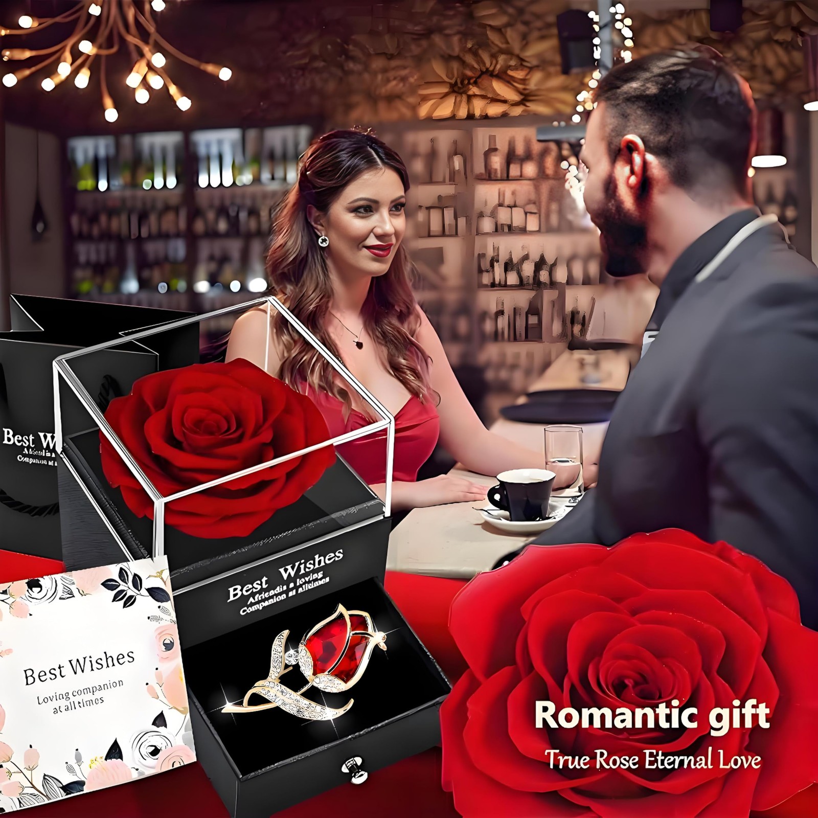 SWEETIME Preserved Red Rose Gift Box Enchanted Real Roses with Ruby Brooch, E…