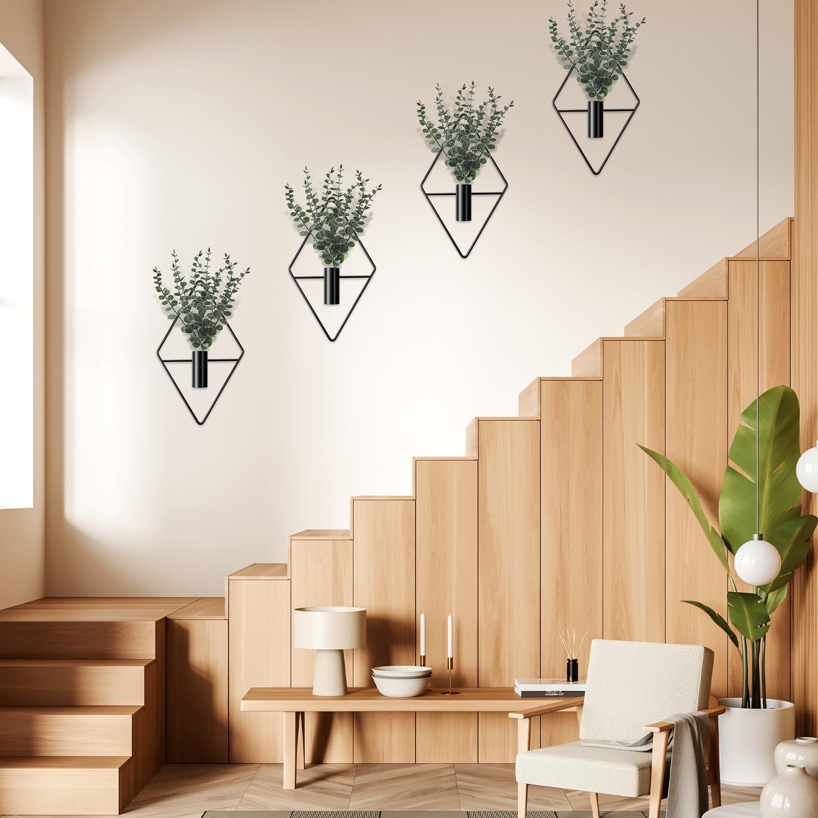 4 Pcs Plant Wall Decor Diamond Shape Hanging Planters with Artificial Plants …