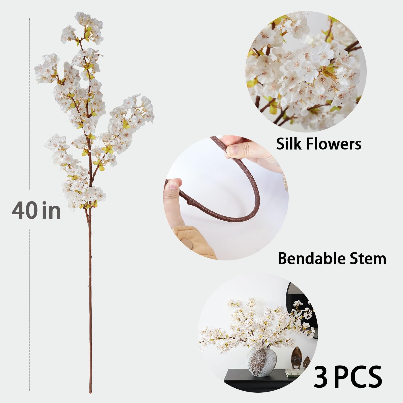 mizii 3Pcs Artificial White Cherry Blossom Branches 40″ Fake Silk Cherry Blos…
