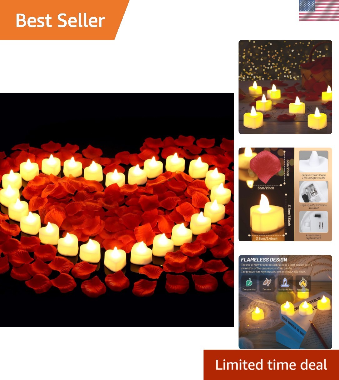 Elegant 2000 Rose Petals with 24 Heart LED Candles for Weddings & Anniversaries