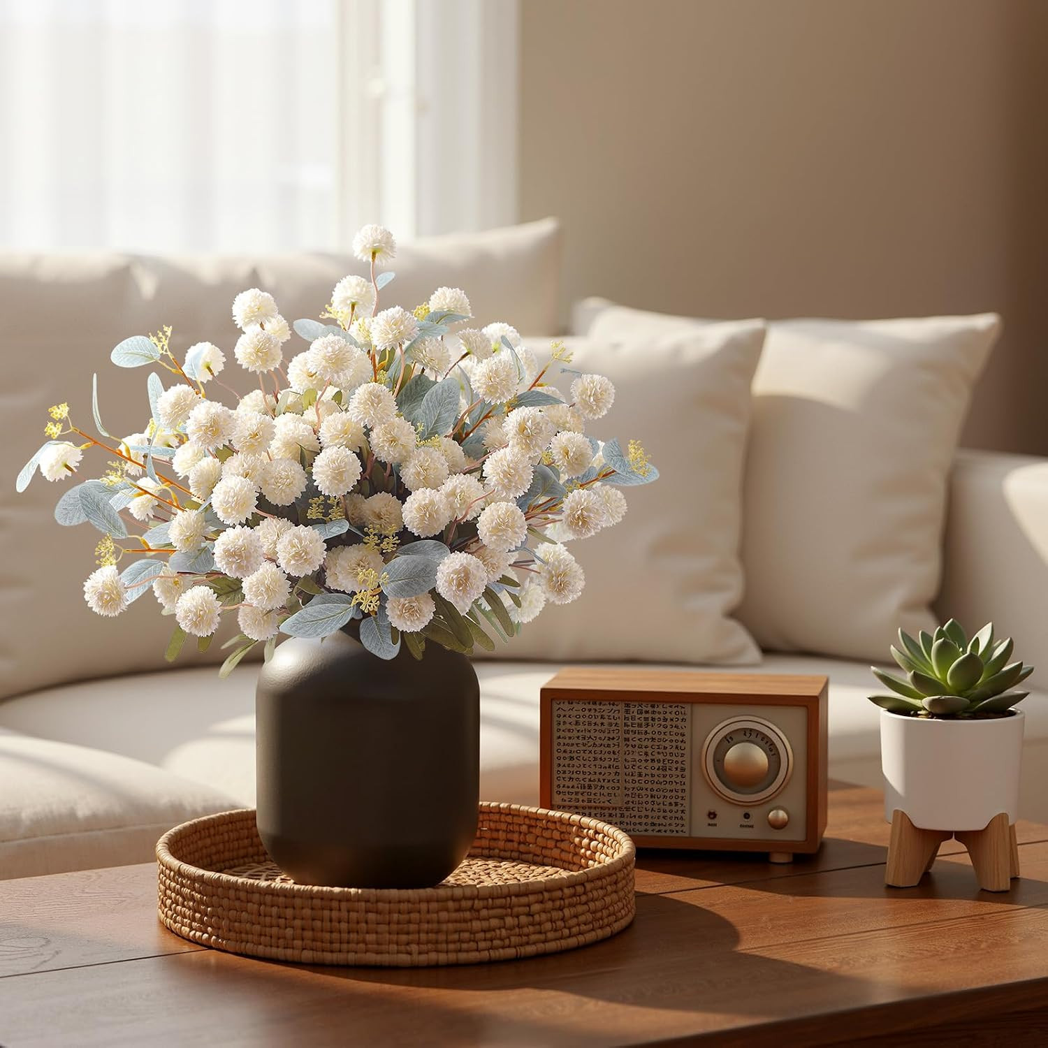 16PCS Faux Silk Pompon Mums Artificial Flowers with Eucalyptus, Fake Chrysanthem