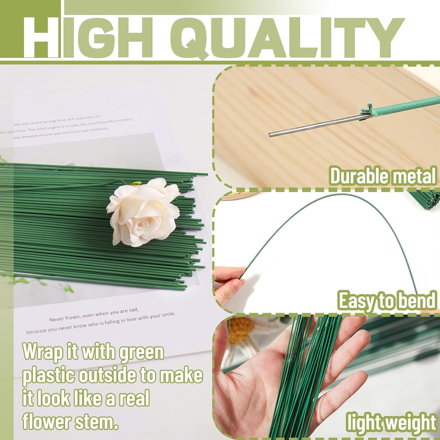200Pcs Floral Stem Wire Flower Arrangements and DIY Crafts Dark Green 16 Inches