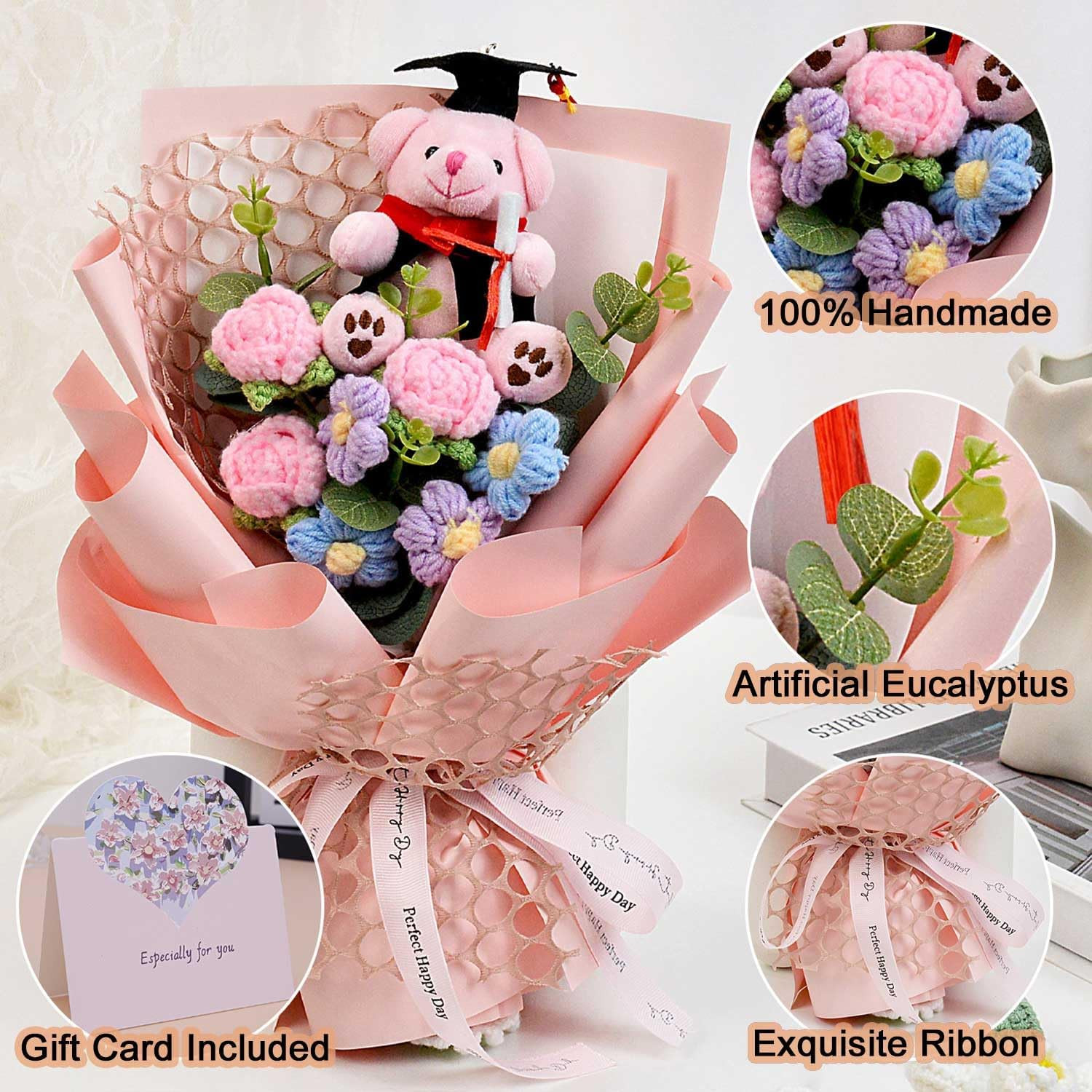 Handmade Crochet Flower Bouquet – Sunflower Rose Bear for Graduation & Gifts