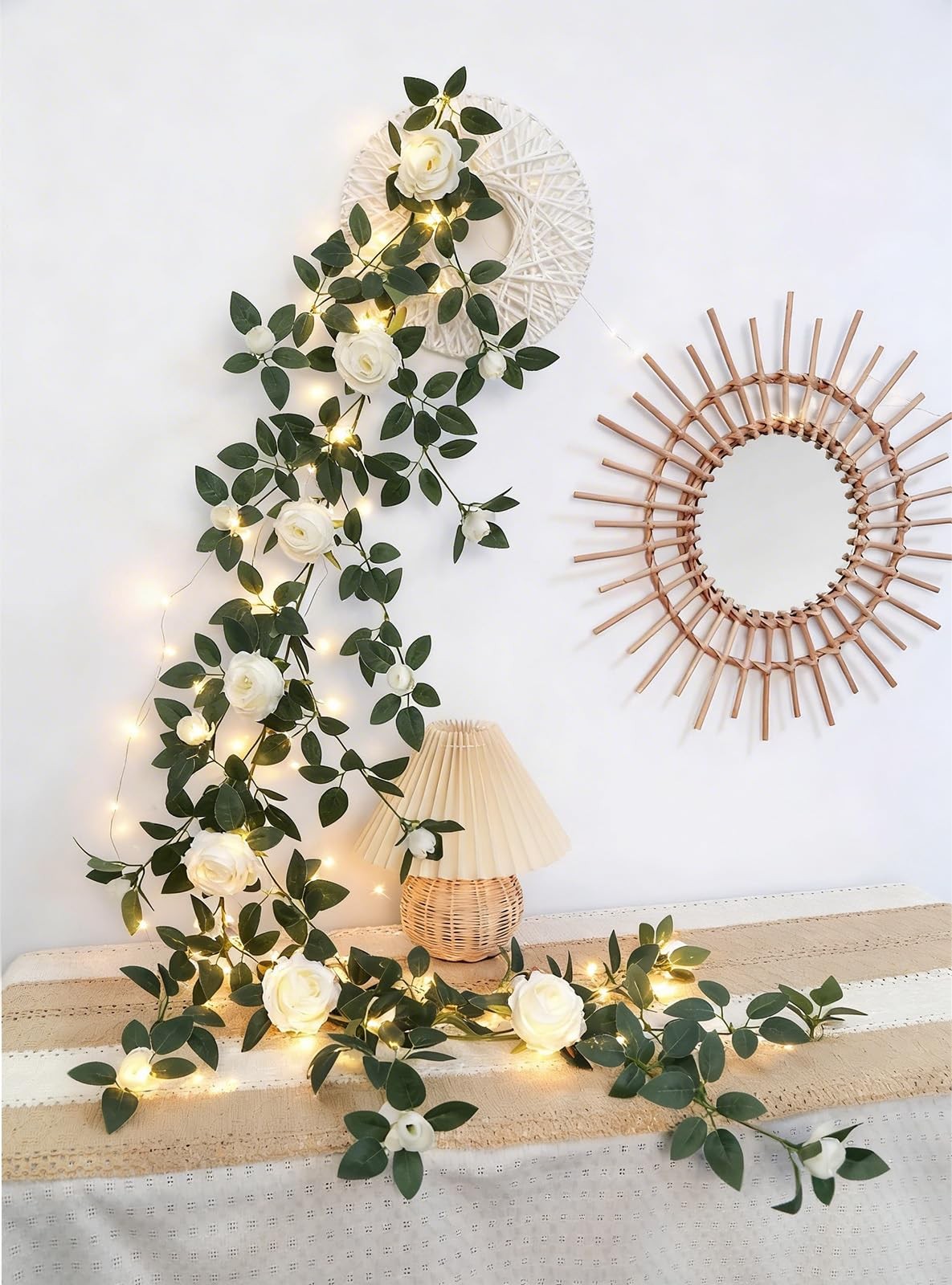 6FT White Rose Artificial Flower Garland with LED String Lights, Bendable Flo…