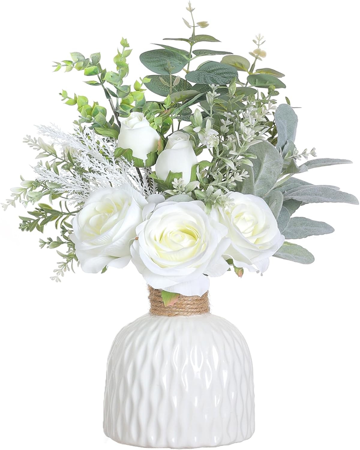 Artificial Flowers with Ceramic Vase,Faux Silk Roses and Fake Plant Eucalyptus