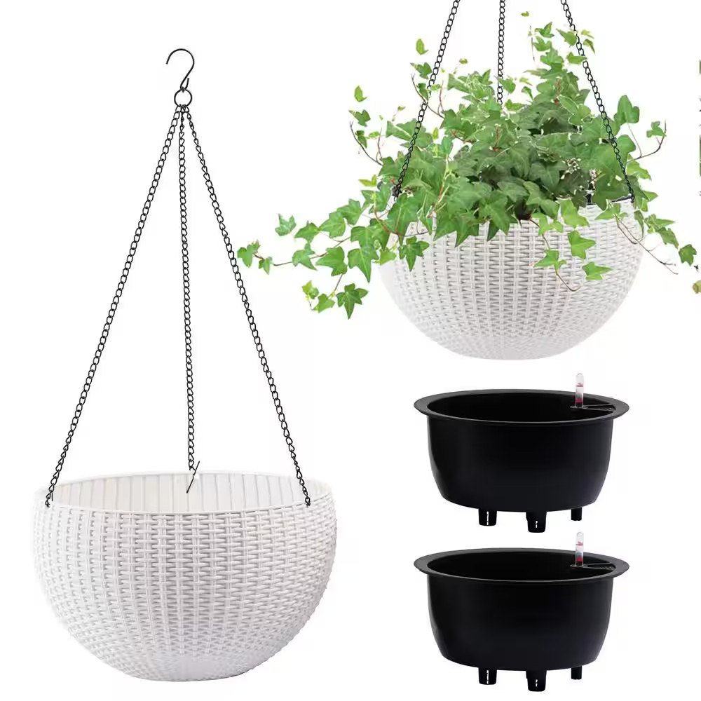 13.4 In. Dia White Plastic Hanging Basket, Dual-Use for Indoor and Outdoor Decor