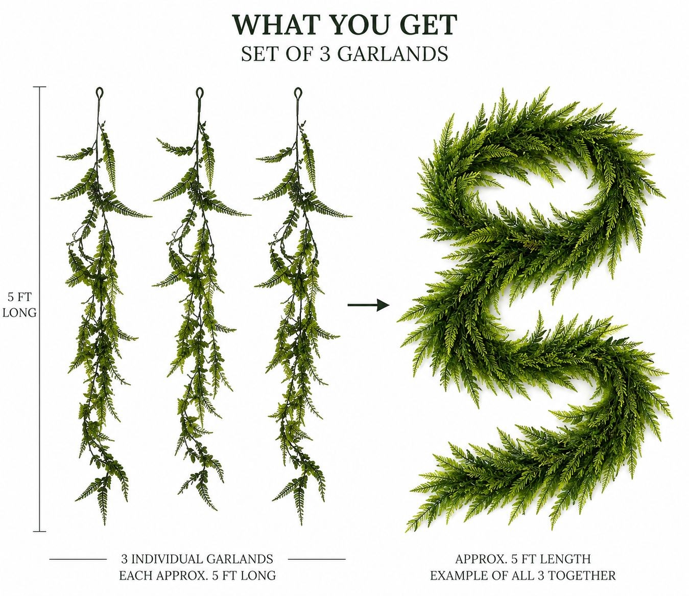 Set of 3 Hanging Greenery Garlands 5 Foot Artificial Fern Garland Trailing Green