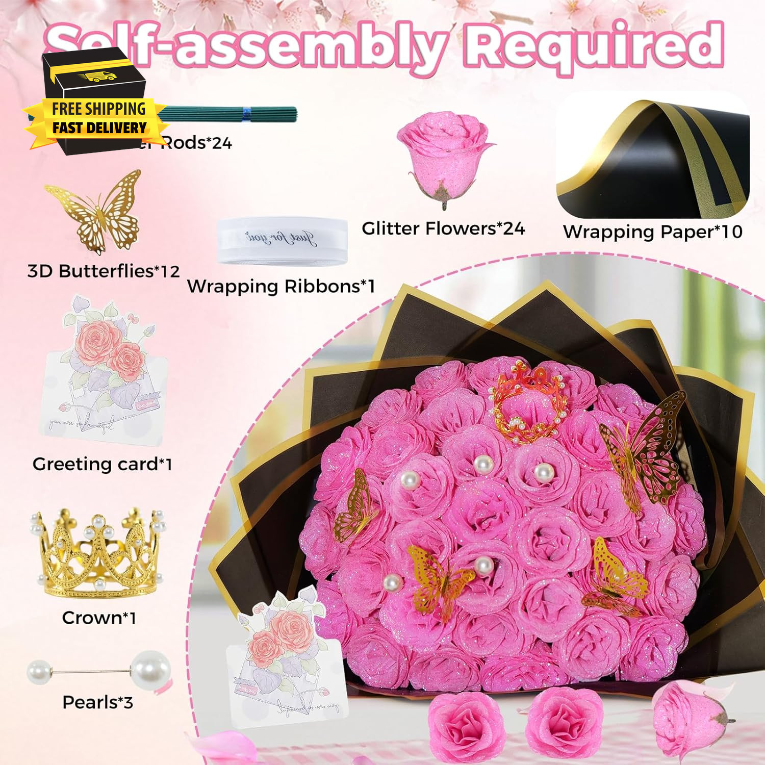 Pink Glitter Roses Bouquet, 24 Pcs Shiny Glitter Flowers Bouquet, Everlasting Ar