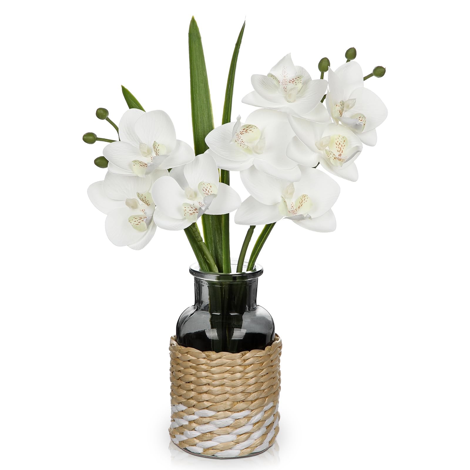 White Orchids Artificial Flowers with Vase, Small Faux Orchid Arrangement Fak…