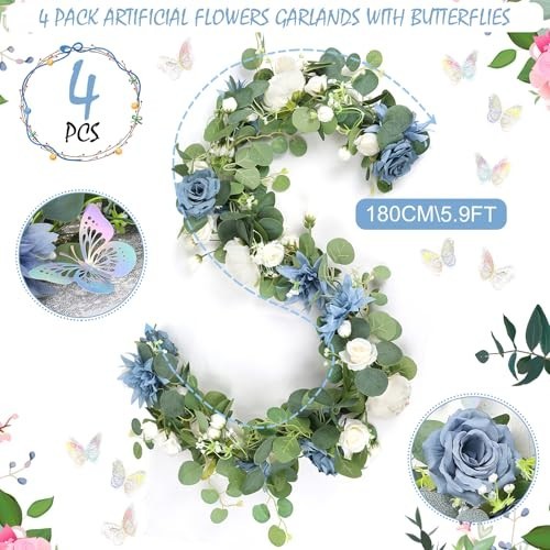 Eucalyptus Flower Garland 4-Pack – 5.9FT Faux Rose Greenery with Butterflies for