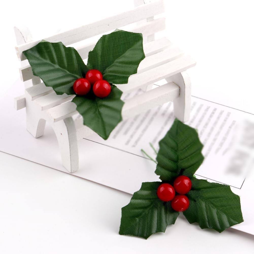 10Pcs Christmas Holly Berries Faux Flowers with Leaves Xmas Picks Christmas W…