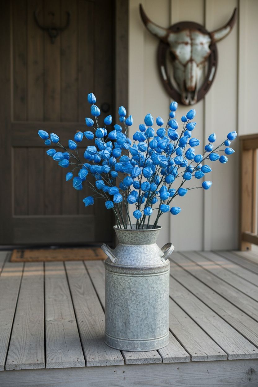 2 Blue Chinese Lantern Stems | 32 Inch Tall French Blue Lantern Pods Farmhouse